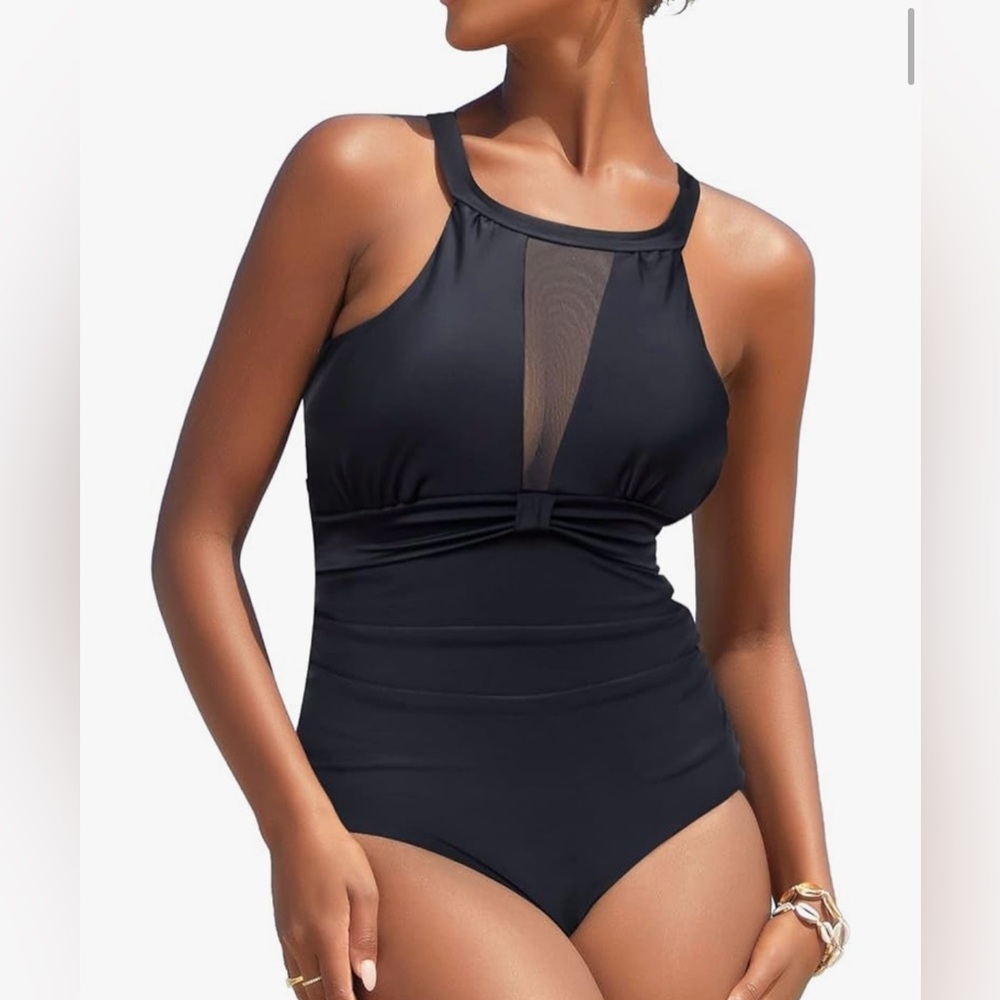 I2CRAZY women’s Elegant one piece mesh v-neck Black Swimsuit